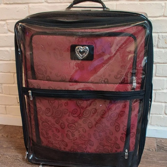Brighton Red Black LeatherSuitcase Luggage EUC Large Rolling Suitcase Protector - Picture 1 of 1